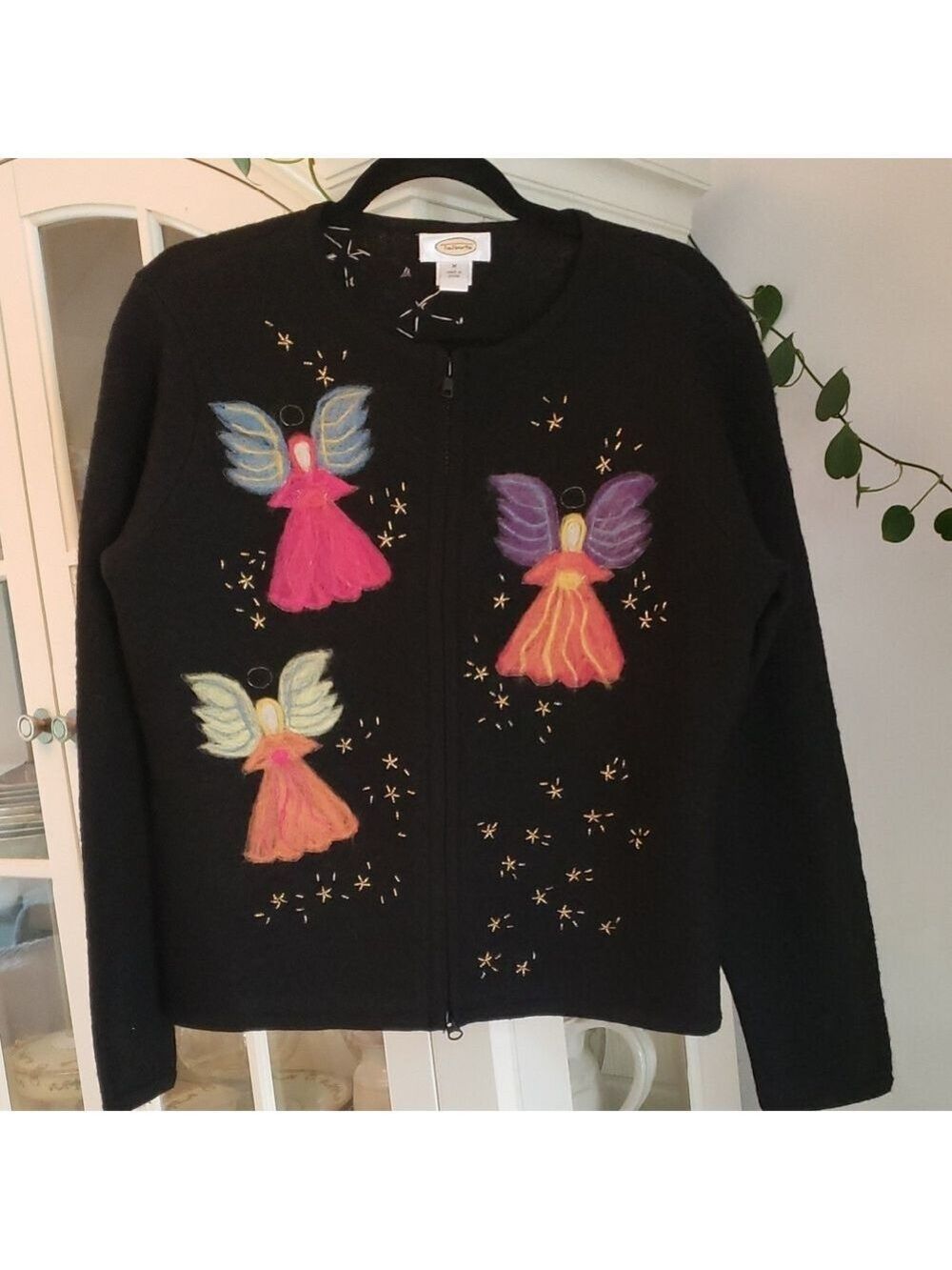 Vintage Talbots Black Cardigan with Felt Embroidered Angels
